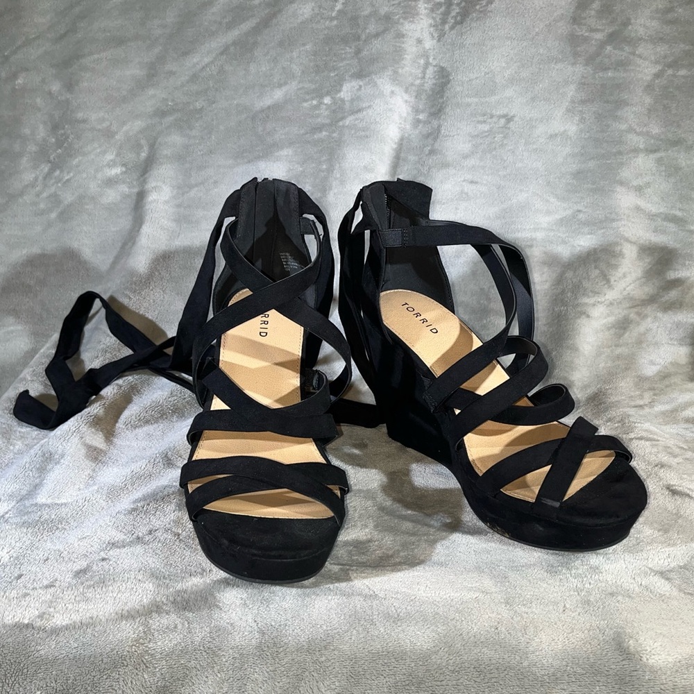 Black Ankle Wrap Platform Wedge
